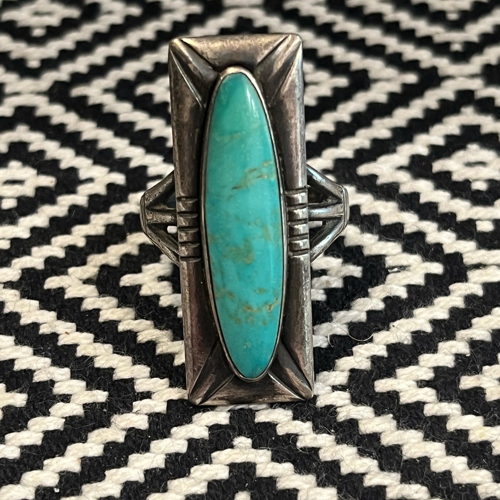 Rectangular Silver And Turquoise Ring - image 3